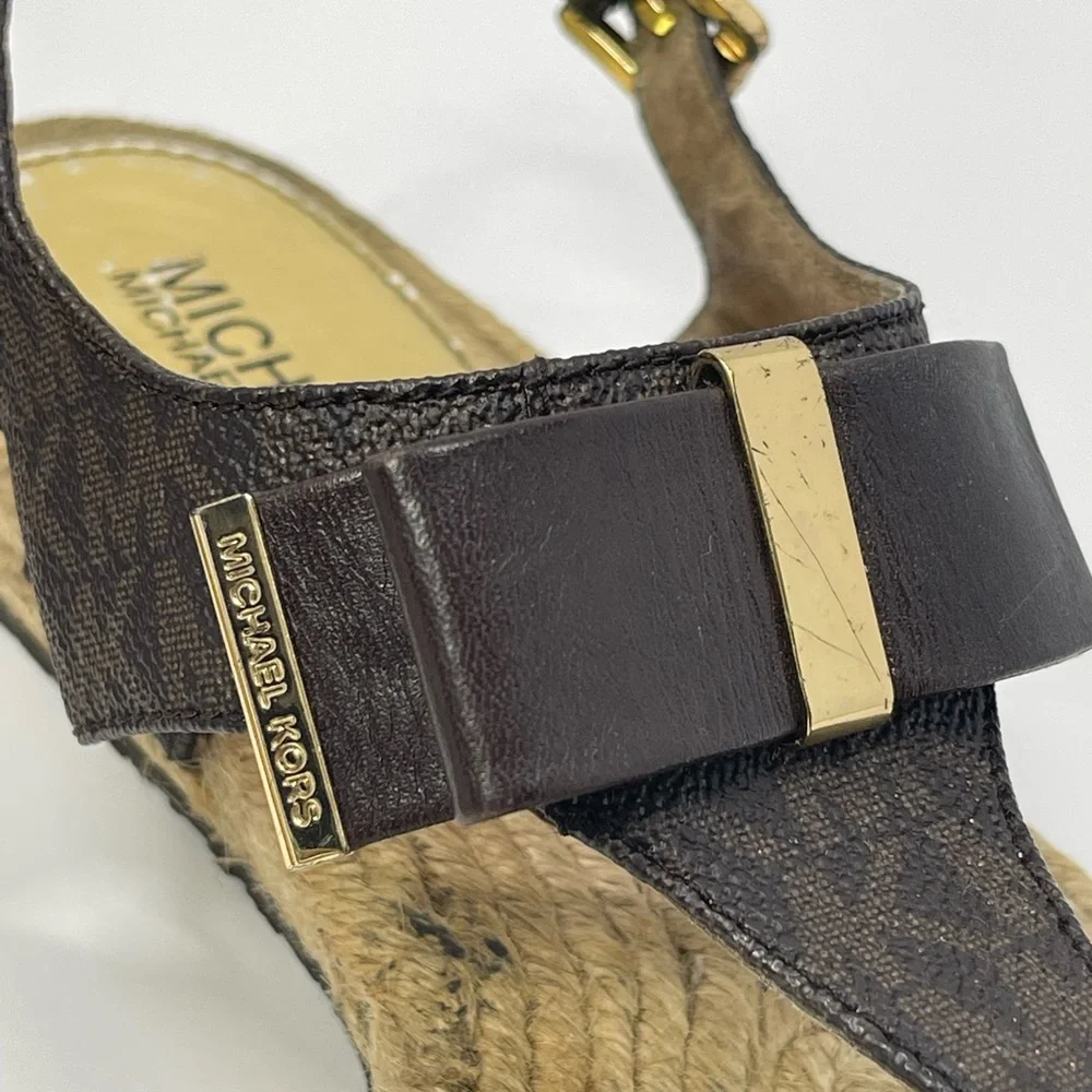 Michael Kors Espadrille Thongs Sandals Gold Brown Bow Flat Sandal Boho Vacation